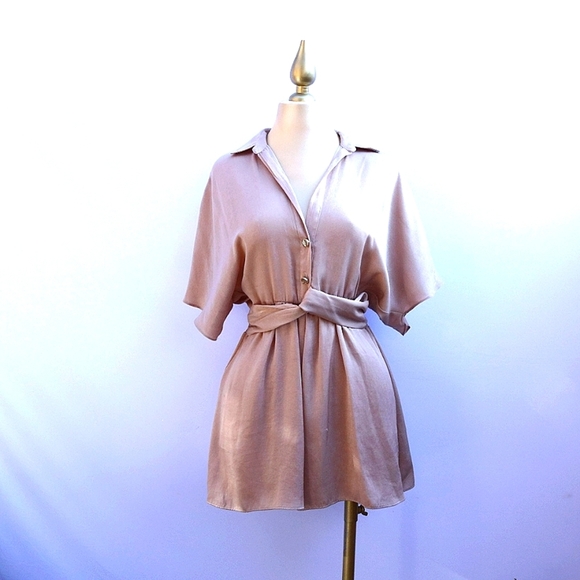 Brand New Zara Taupe Brown Satin Effect Knot Romper Size Small - Picture 2 of 12